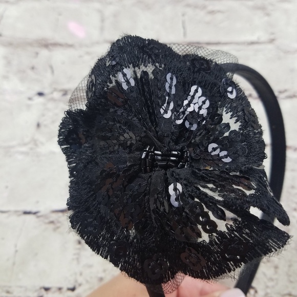 Black Headband Sequins Beaded Floral Head Band Preppy Party Glam Work Office - Picture 5 of 5